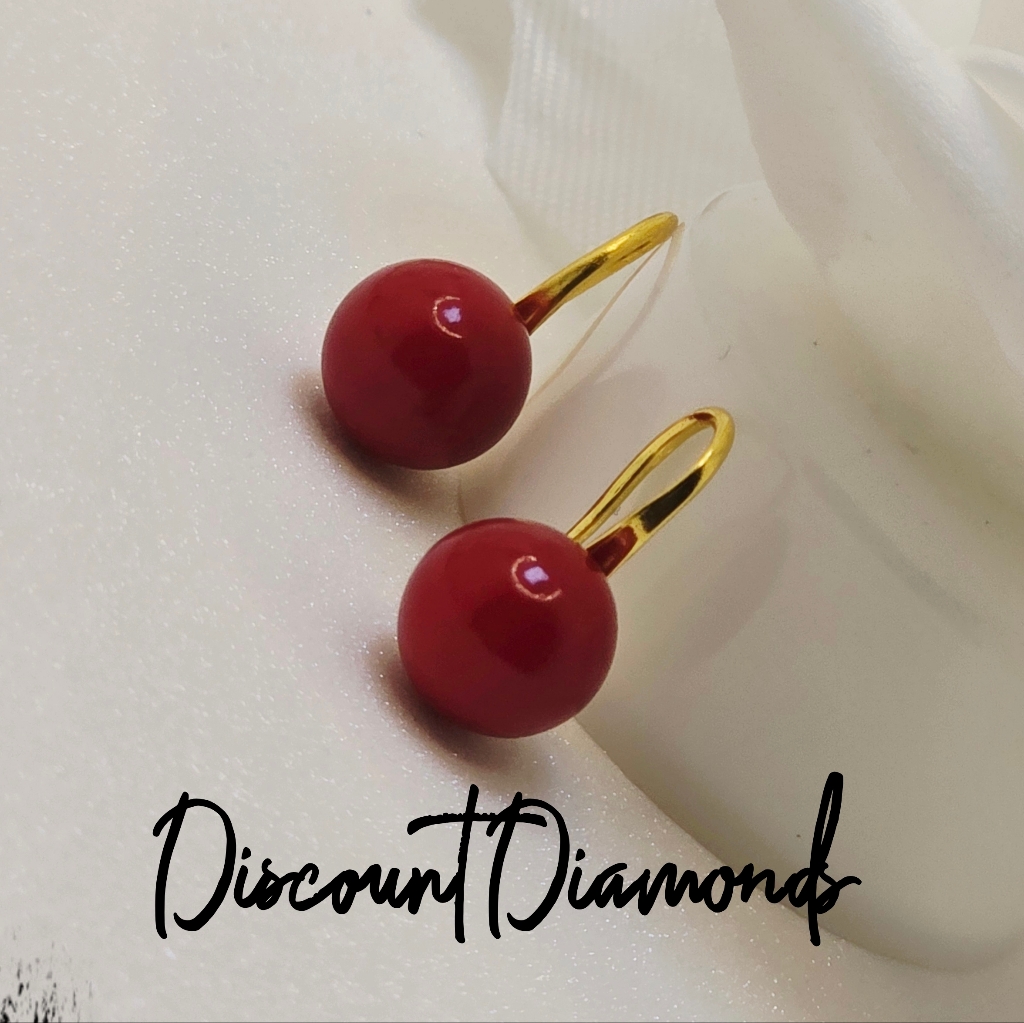 10mm Coral Red South Sea Shell Pearl Earrings 14k Gold On 925 Silver